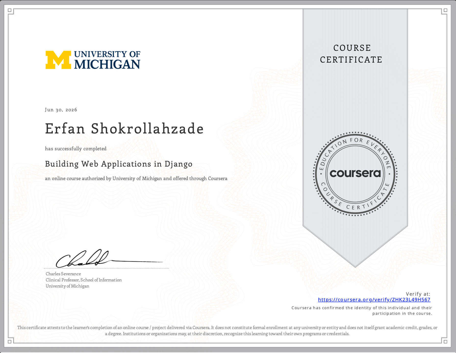 Certificate of Django build web application